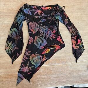 Vintage ECCO MI Y2K 90s Sz M Asymmetrical Fly Away Sleeve Top-Rainbow Foliage
